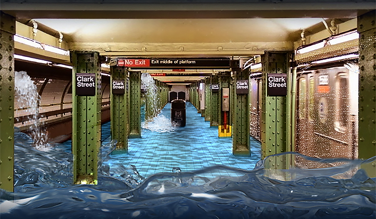 A subway platform labeled Clark Street is flooded with water up to the platform level, with waves and water pouring in, while a train is partially visible on the right side.