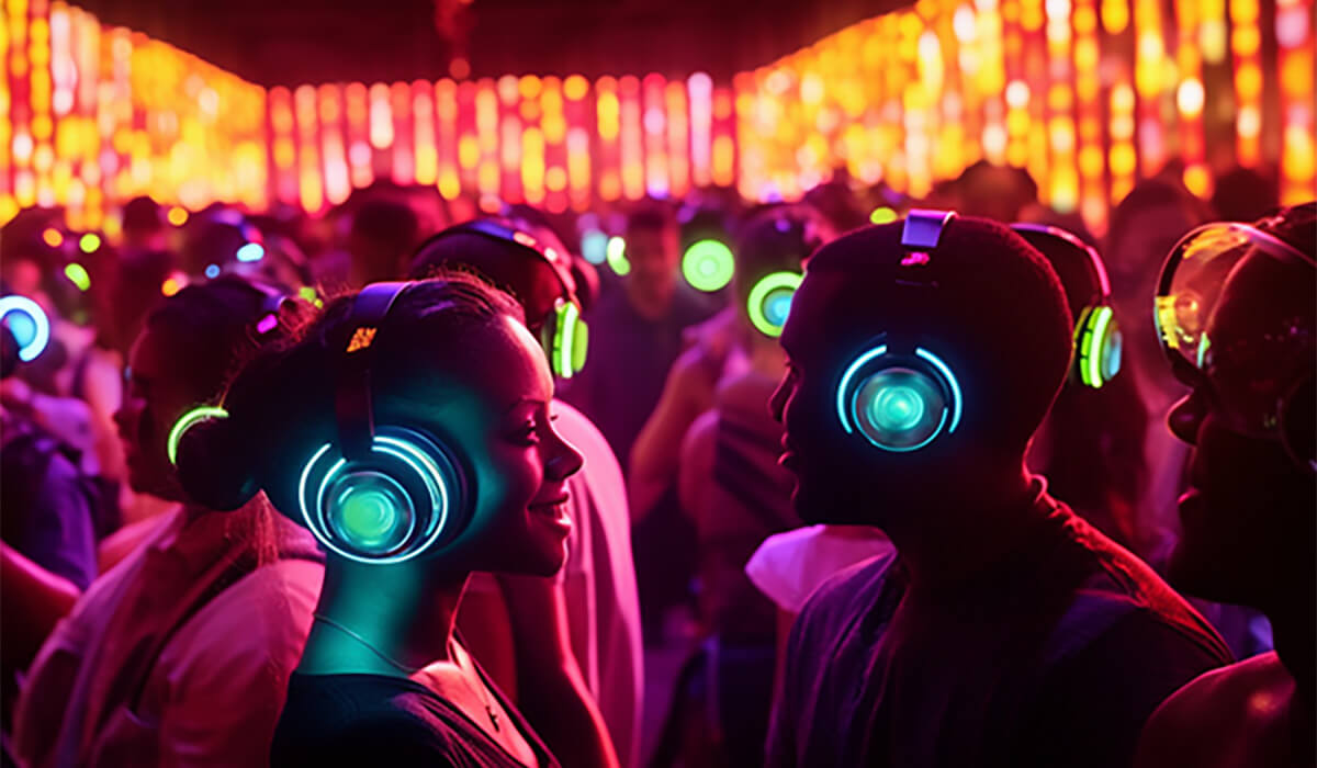 People wearing glowing headphones dance and socialize in a crowded, colorful venue with vibrant, neon lighting, suggesting a lively silent disco party atmosphere.
