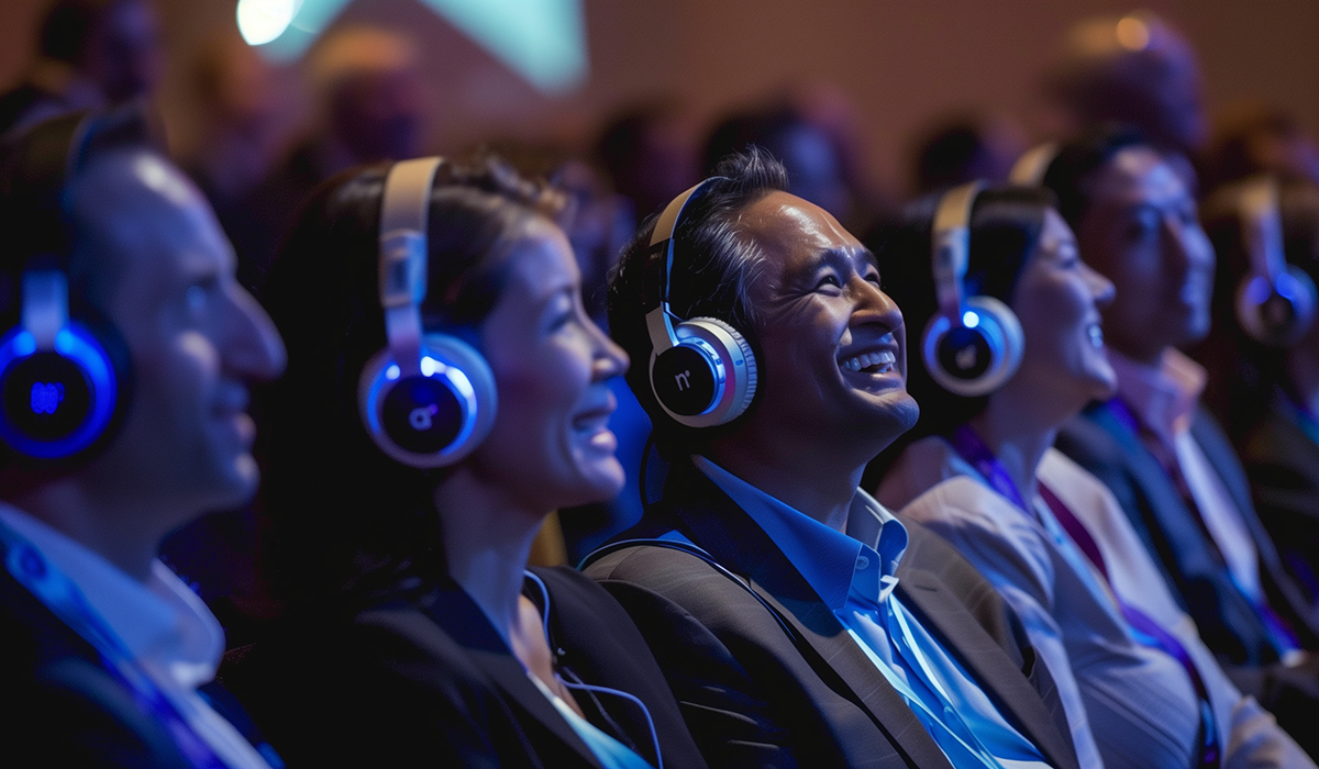 A group of people in business attire sit side by side, smiling and wearing headphones, attending an event in a dimly lit auditorium with a lively, engaging atmosphere.