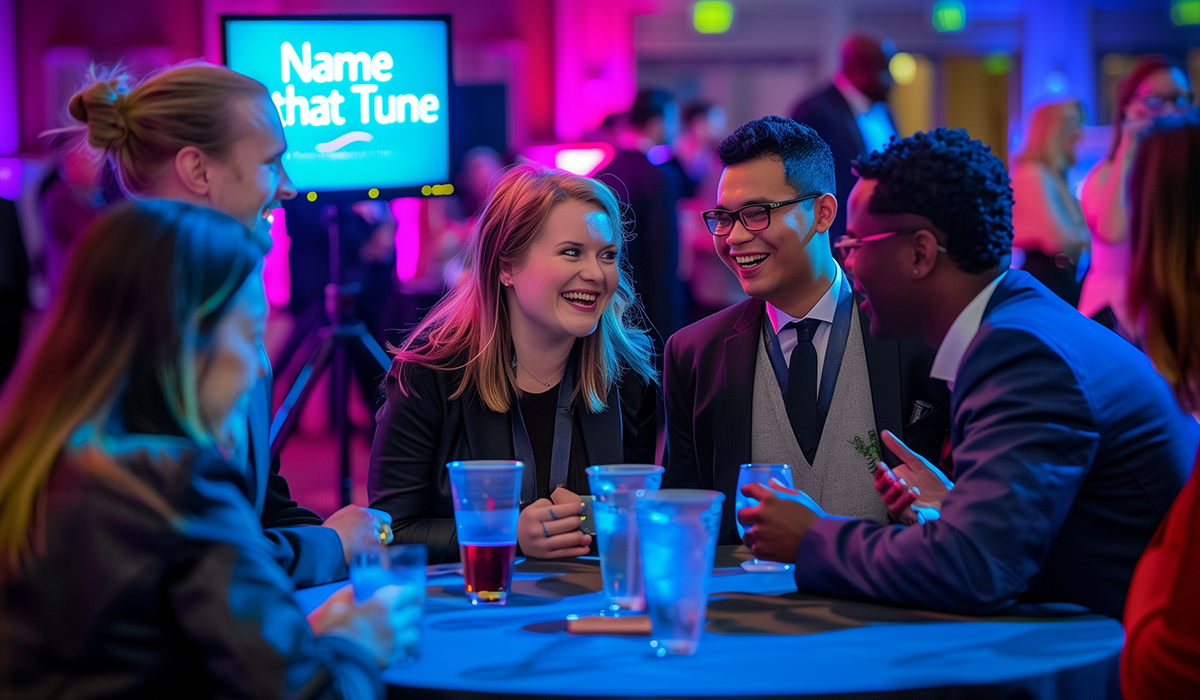 A group of young adults in business attire laugh and talk around a table with drinks at a lively indoor event. A screen in the background reads Name that Tune in glowing blue and white letters.