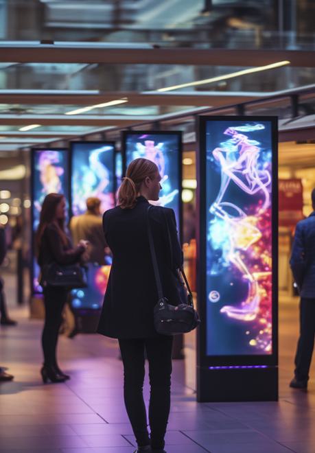 A woman stands in front of colorful digital display screens with abstract designs in a modern indoor public space, while other people walk by in the background.