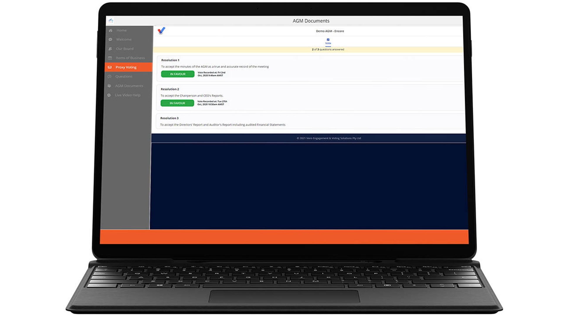 A laptop displaying a document management application with a list of agenda items and resolutions, showing navigation options on the left sidebar.