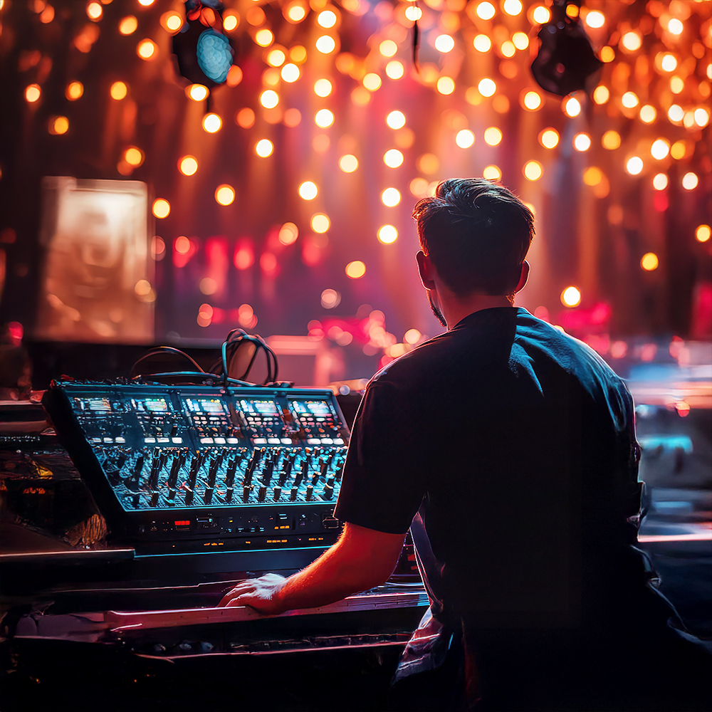 A person operates a sound or lighting control panel at an event, facing away, with warm, blurred stage lights creating a vibrant, festive atmosphere in the background.