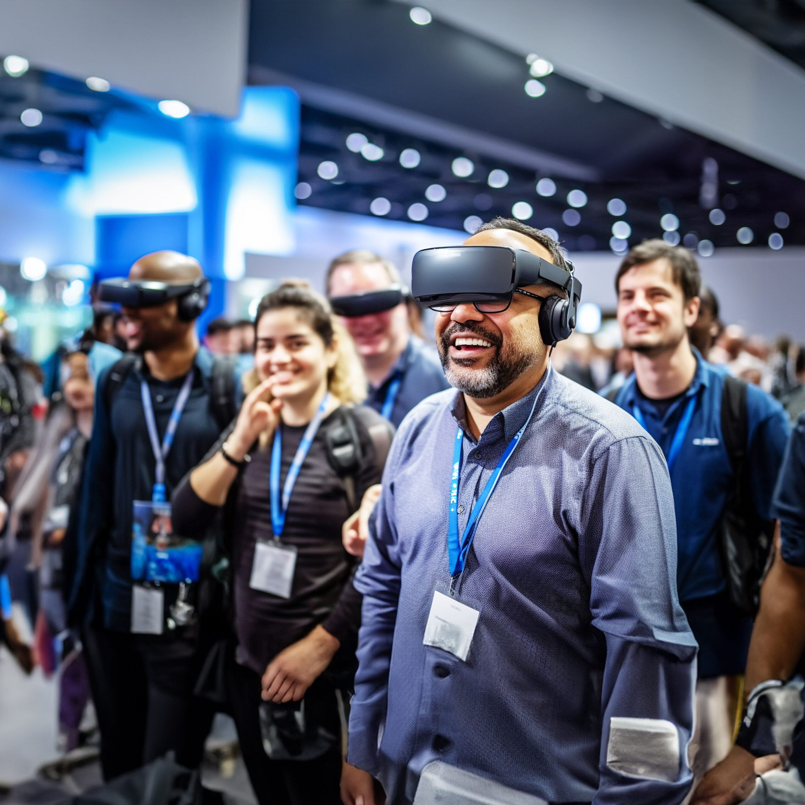 A group of people wearing virtual reality headsets and name badges smile and enjoy an interactive experience at a busy technology event or convention.
