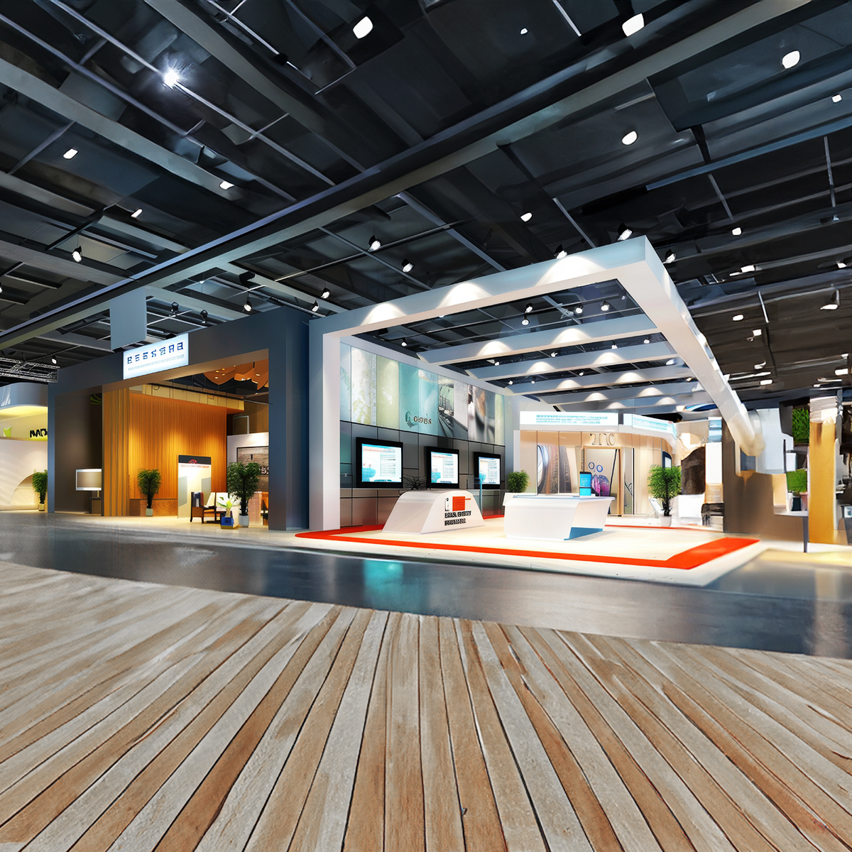 A modern exhibition booth inside a spacious convention hall with digital screens, white geometric structures, seating areas, and bright lighting, surrounded by open walkways and contemporary decor.