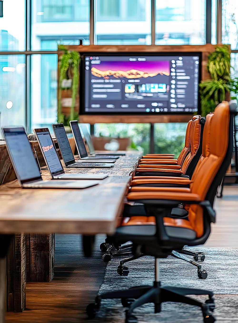 A modern conference room with a long wooden table, several open laptops, orange office chairs, large windows, and a wall-mounted monitor displaying a presentation. Green plants decorate the space.