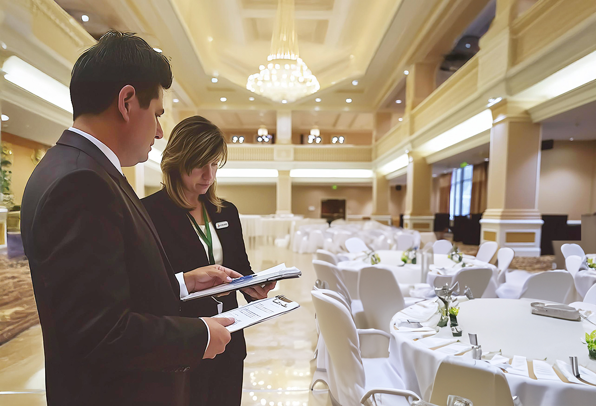 Two event planners in formal attire review documents while standing in a large, elegant banquet hall with round tables set for an event; a chandelier hangs overhead, and the room is brightly lit.