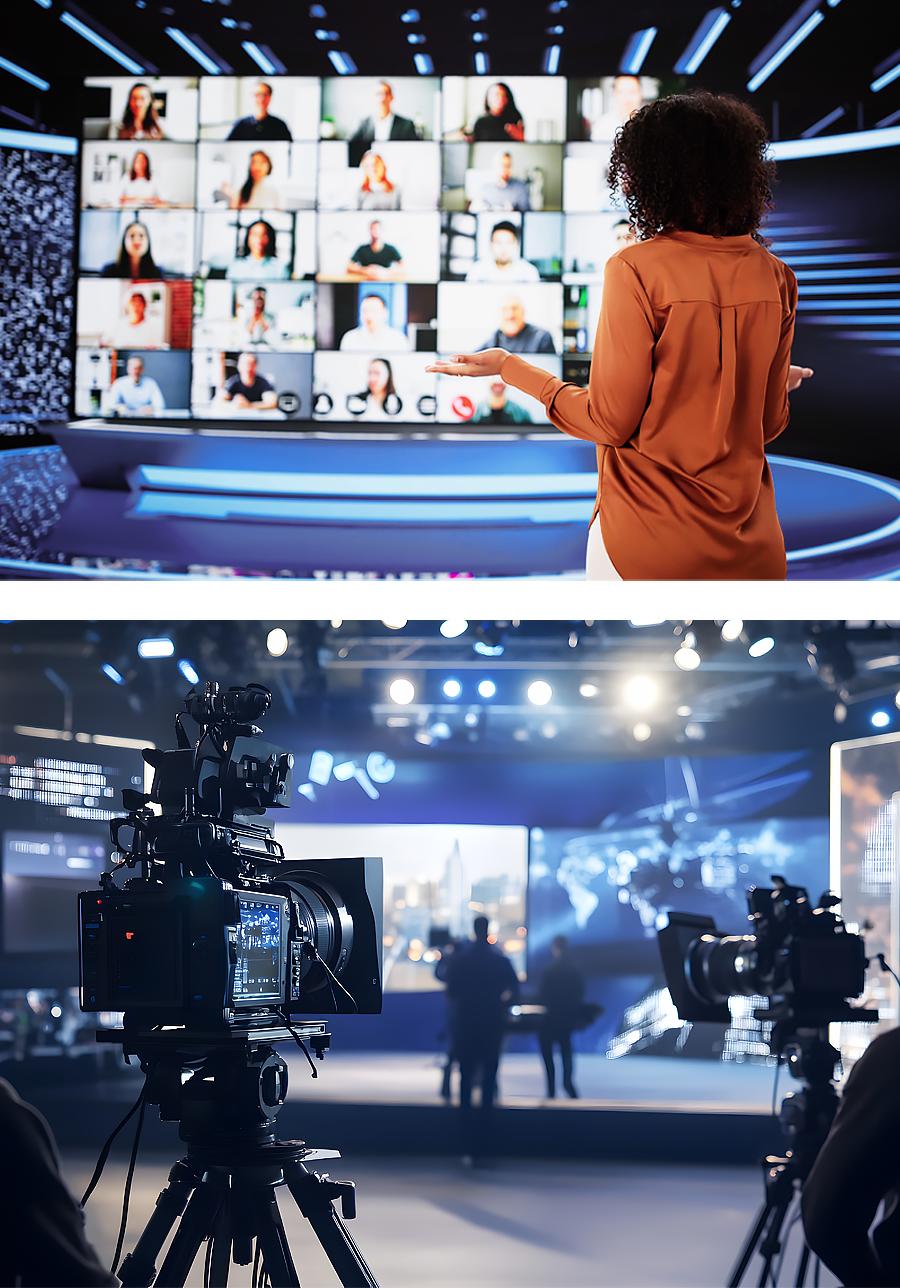 A woman gestures toward a large screen showing a video conference of many people; below, cameras film a stage with people in front of bright studio lights and digital screens.