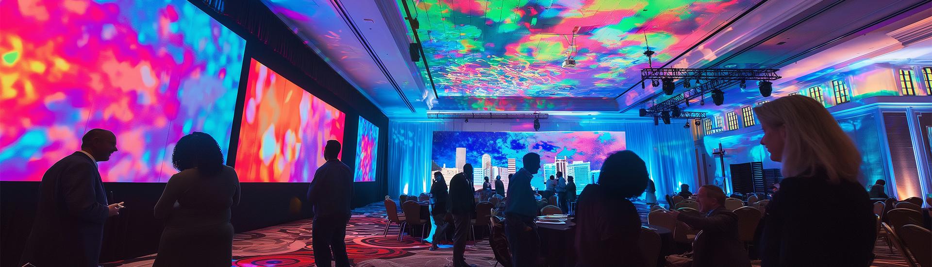 People gather in a large event hall with colorful, vibrant lighting and abstract projections on the walls and ceiling. Silhouettes and tables are visible, creating a lively, immersive atmosphere.