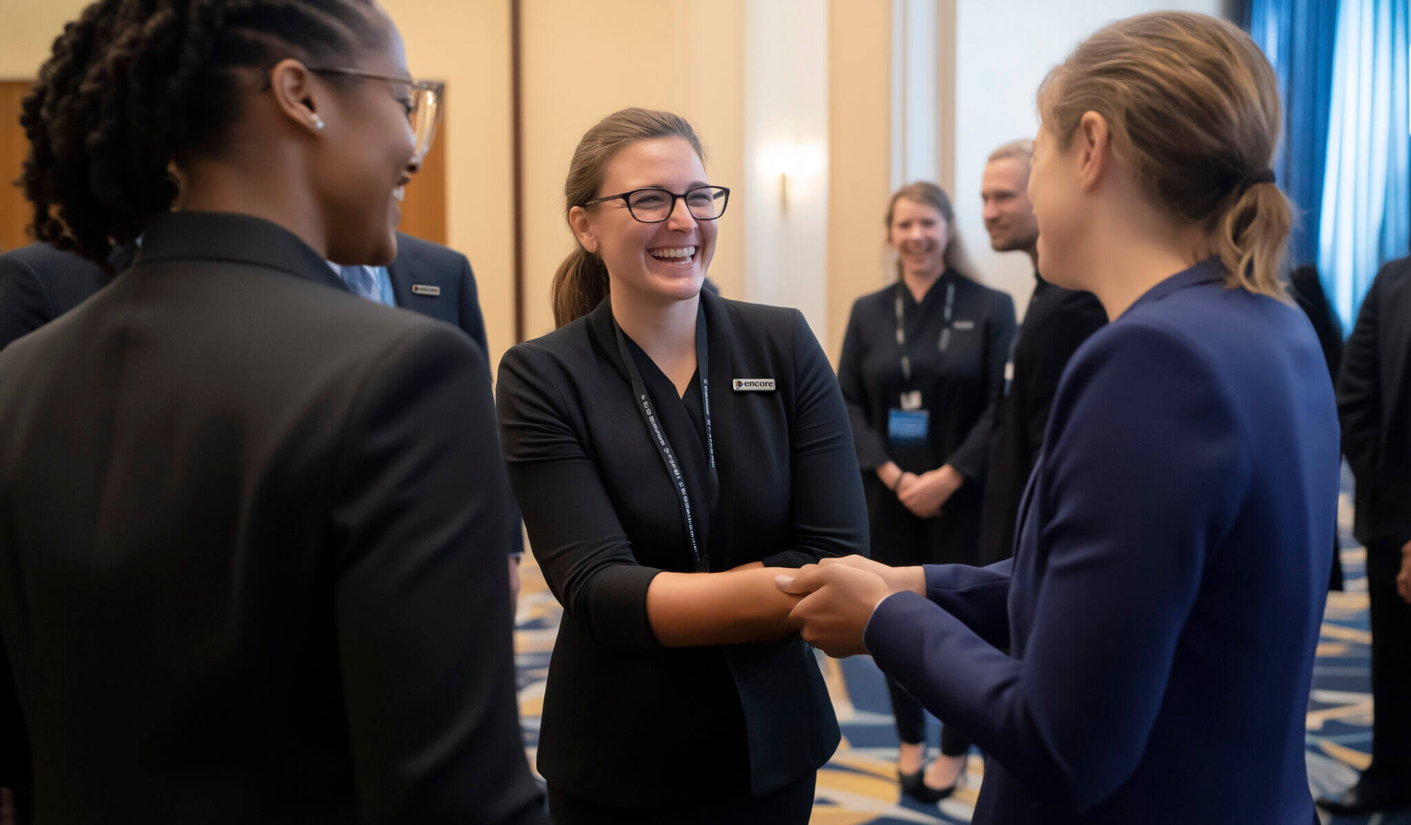 Three women in business attire smile and converse in a bright conference room, while several other formally dressed people stand in the background. The atmosphere appears friendly and professional.