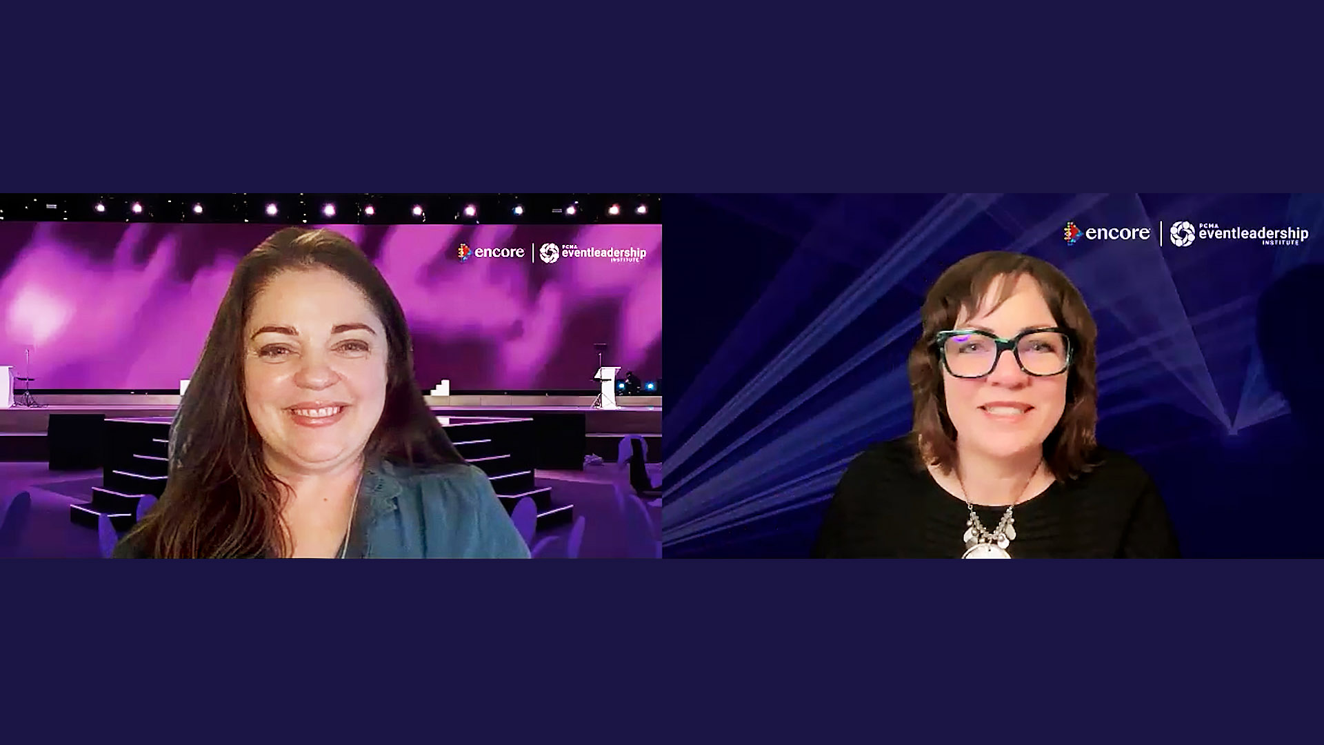 Two women are smiling during a virtual meeting. Each is in a separate video frame with colorful virtual backgrounds. One has a purple stage behind her, and the other has a blue and purple geometric design with event branding.